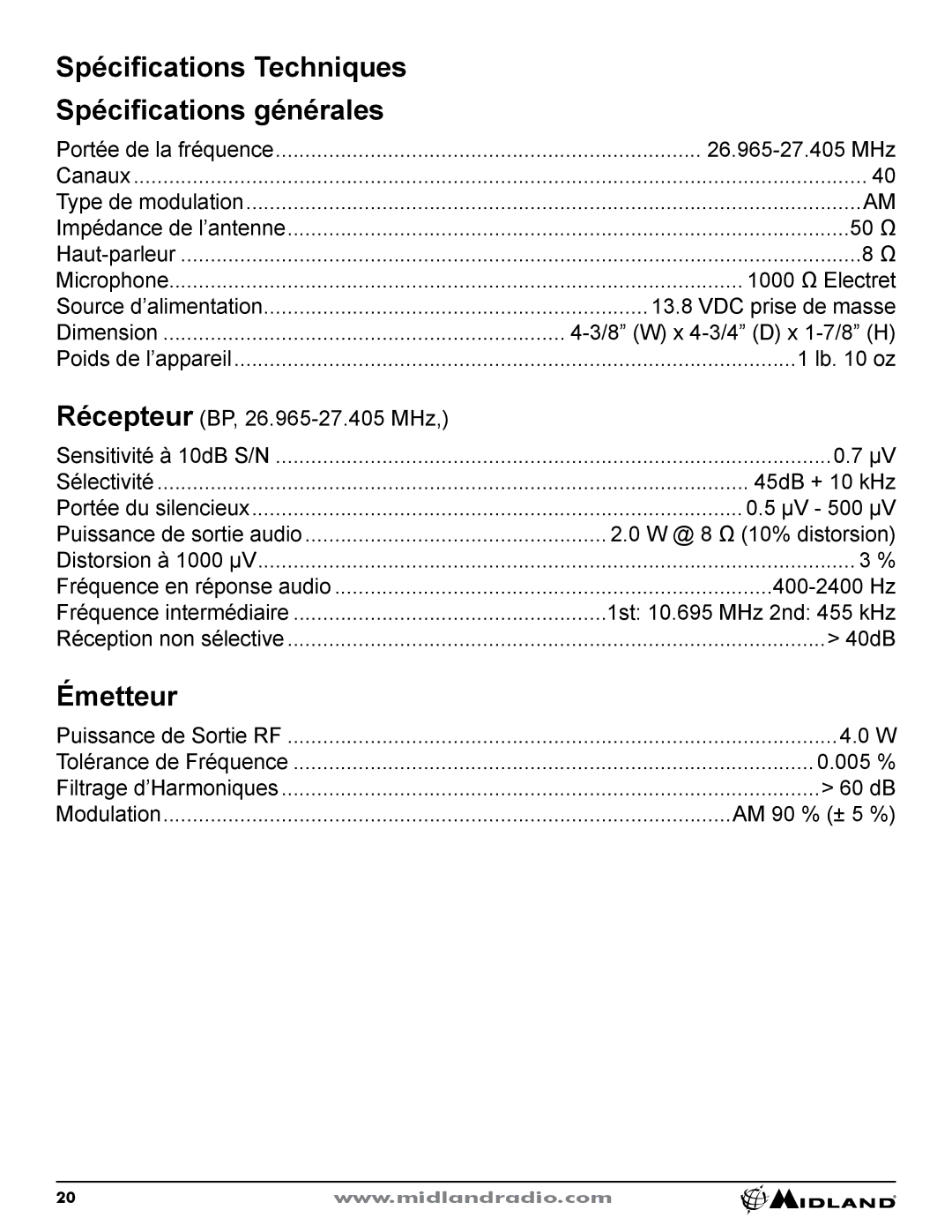 Midland Radio CB-1 owner manual Spécifications Techniques Spécifications générales, Émetteur 