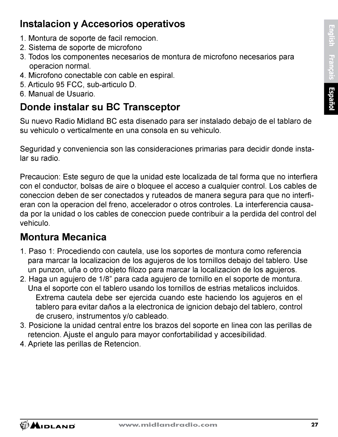 Midland Radio CB-1 owner manual Instalacion y Accesorios operativos, Donde instalar su BC Transceptor, Montura Mecanica 