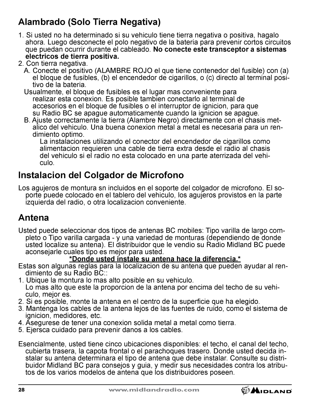 Midland Radio CB-1 owner manual Alambrado Solo Tierra Negativa, Instalacion del Colgador de Microfono, Antena 