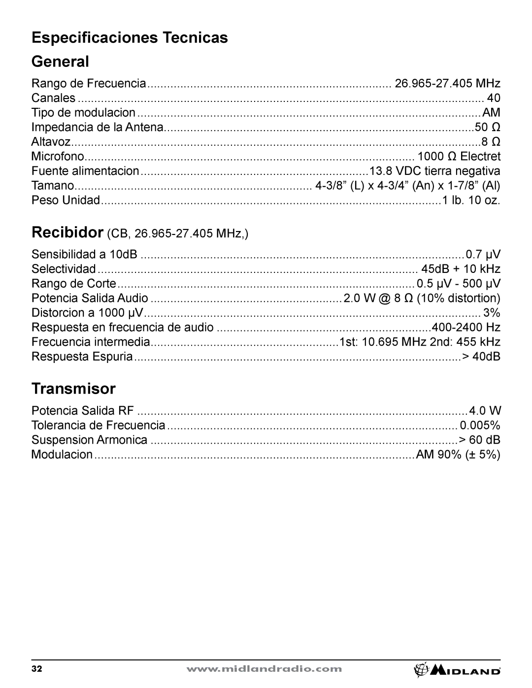 Midland Radio CB-1 owner manual Especificaciones Tecnicas General, Transmisor 