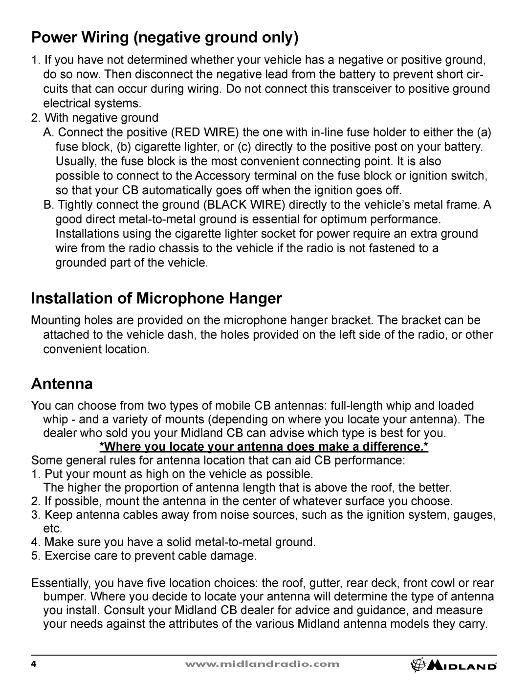 Midland Radio CB-1 owner manual Power Wiring negative ground only, Installation of Microphone Hanger, Antenna 