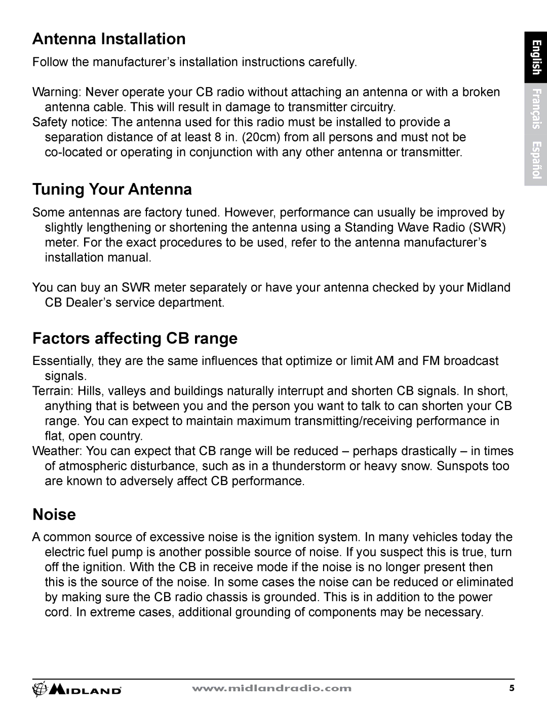 Midland Radio CB-1 owner manual Antenna Installation, Tuning Your Antenna, Factors affecting CB range, Noise 