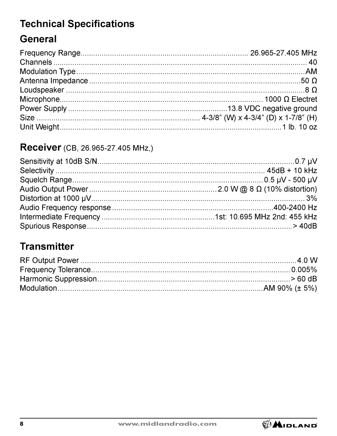 Midland Radio CB-1 owner manual Technical Specifications General, Transmitter 