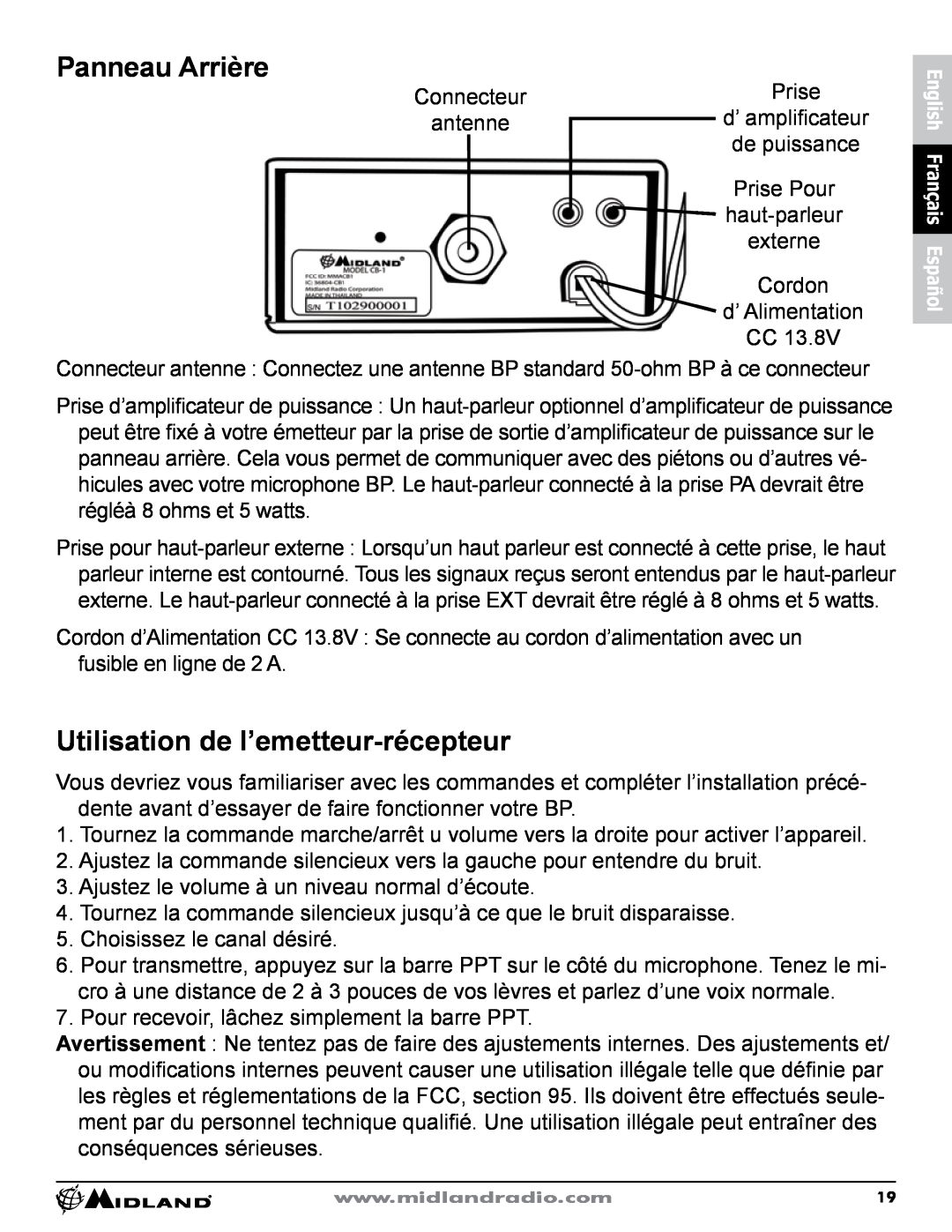 Midland Radio CB-1 owner manual Panneau Arrière, Utilisation de l’emetteur-récepteur 