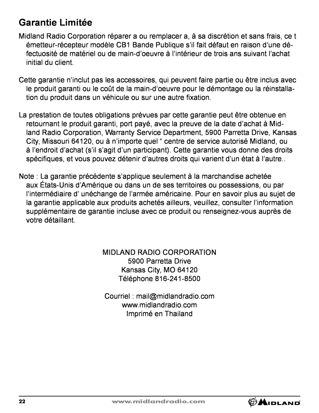 Midland Radio CB-1 owner manual Garantie Limitée 