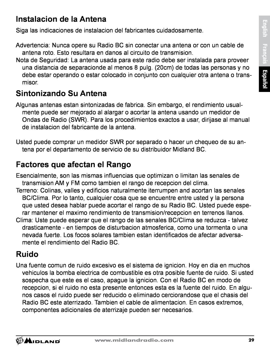 Midland Radio CB-1 owner manual Instalacion de la Antena, Sintonizando Su Antena, Factores que afectan el Rango, Ruido 
