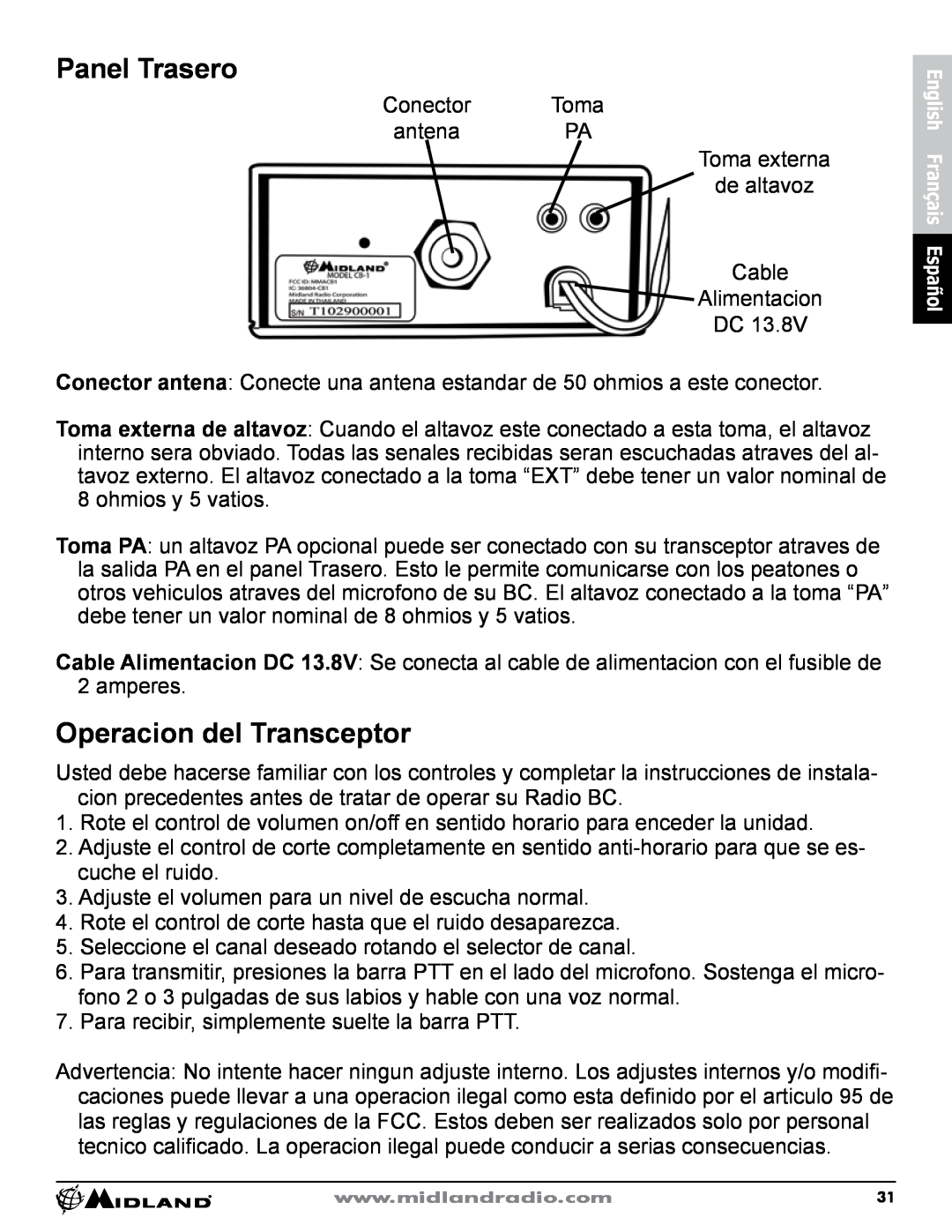 Midland Radio CB-1 owner manual Panel Trasero, Operacion del Transceptor 