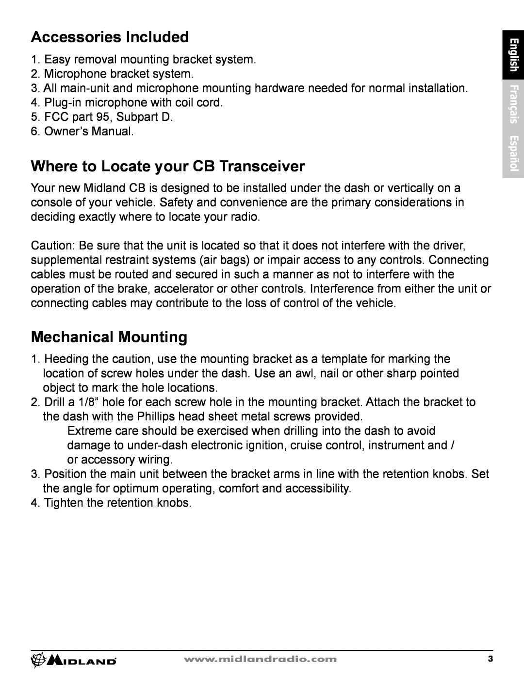 Midland Radio CB-1 owner manual Accessories Included, Where to Locate your CB Transceiver, Mechanical Mounting 