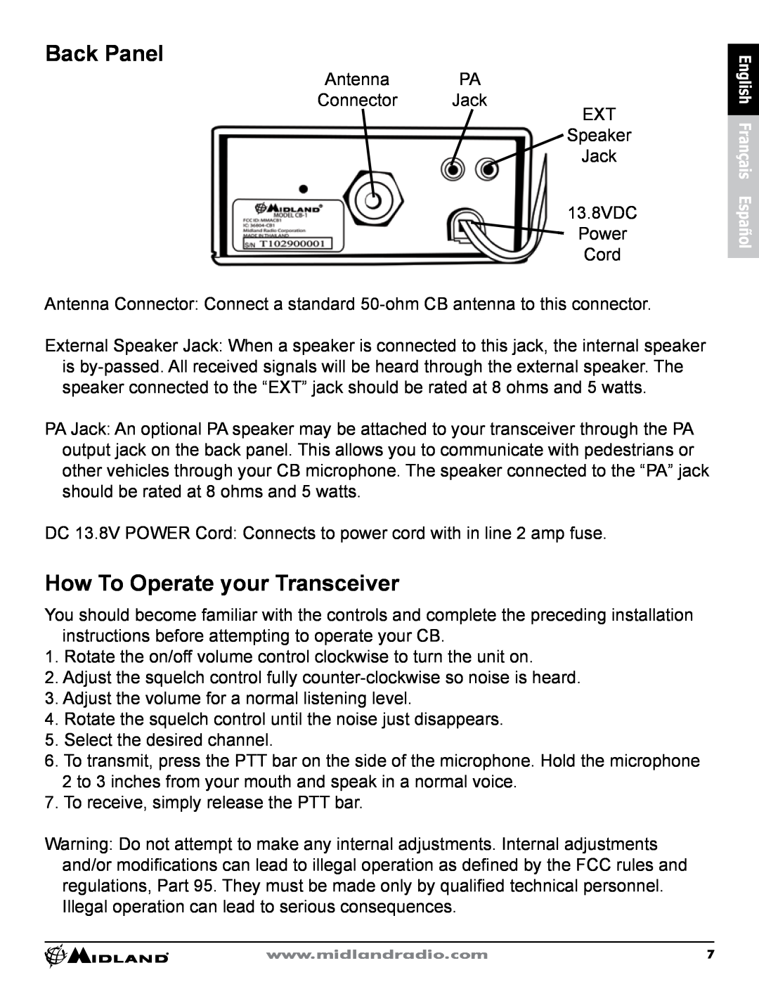 Midland Radio CB-1 owner manual Back Panel, How To Operate your Transceiver 