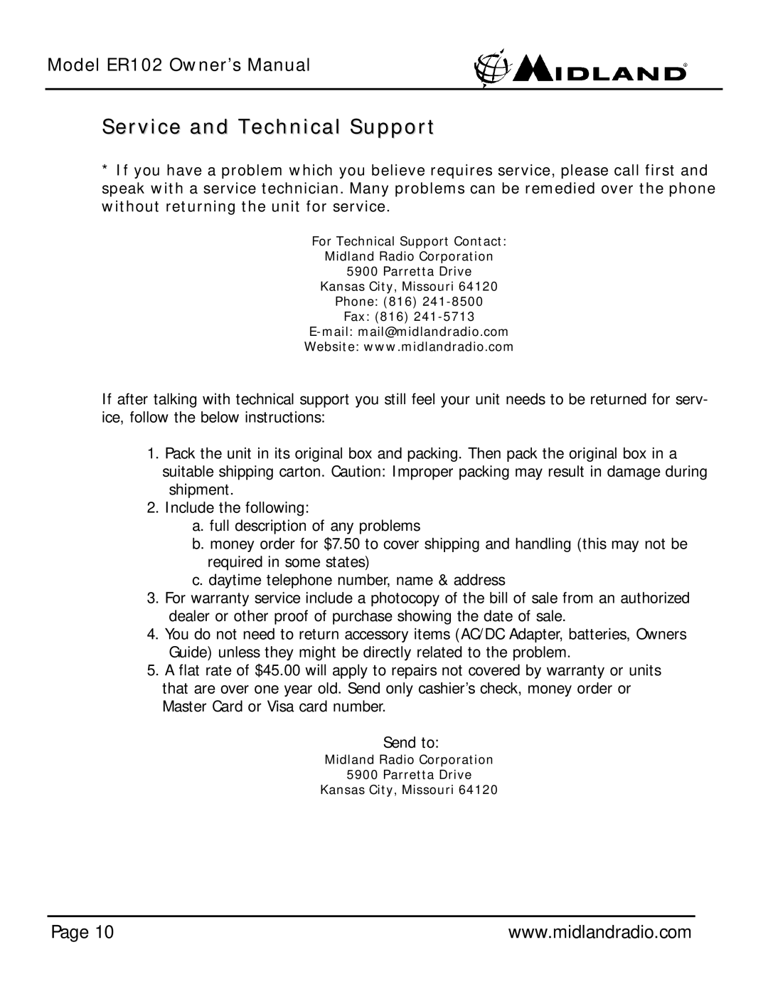 Midland Radio ER102 owner manual Service and Technical Support 