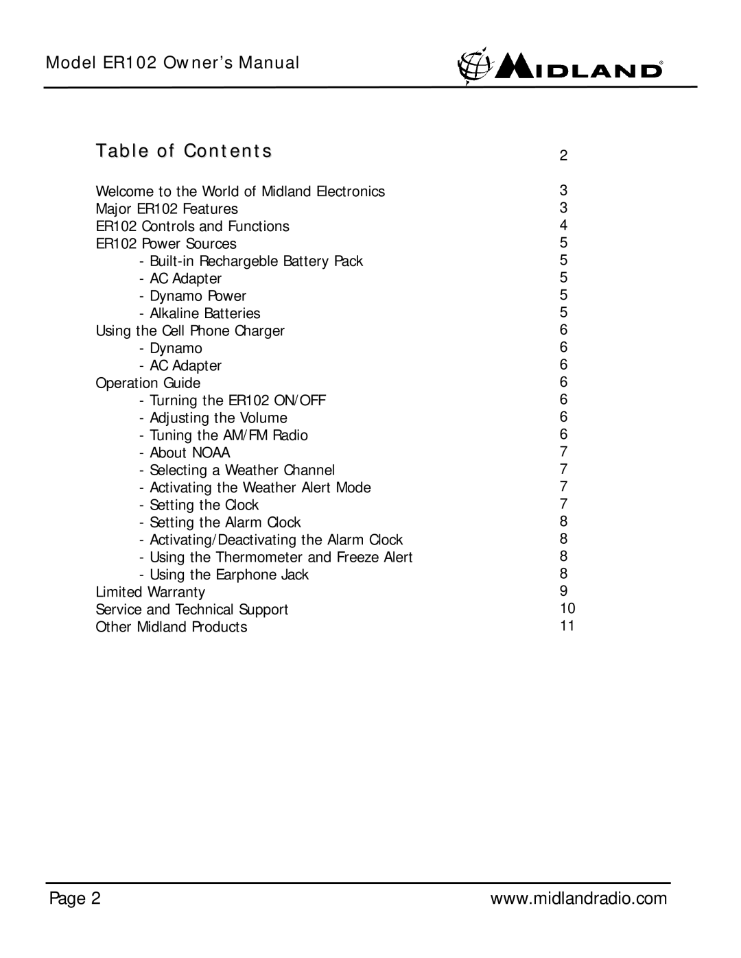 Midland Radio ER102 owner manual Table of Contents 