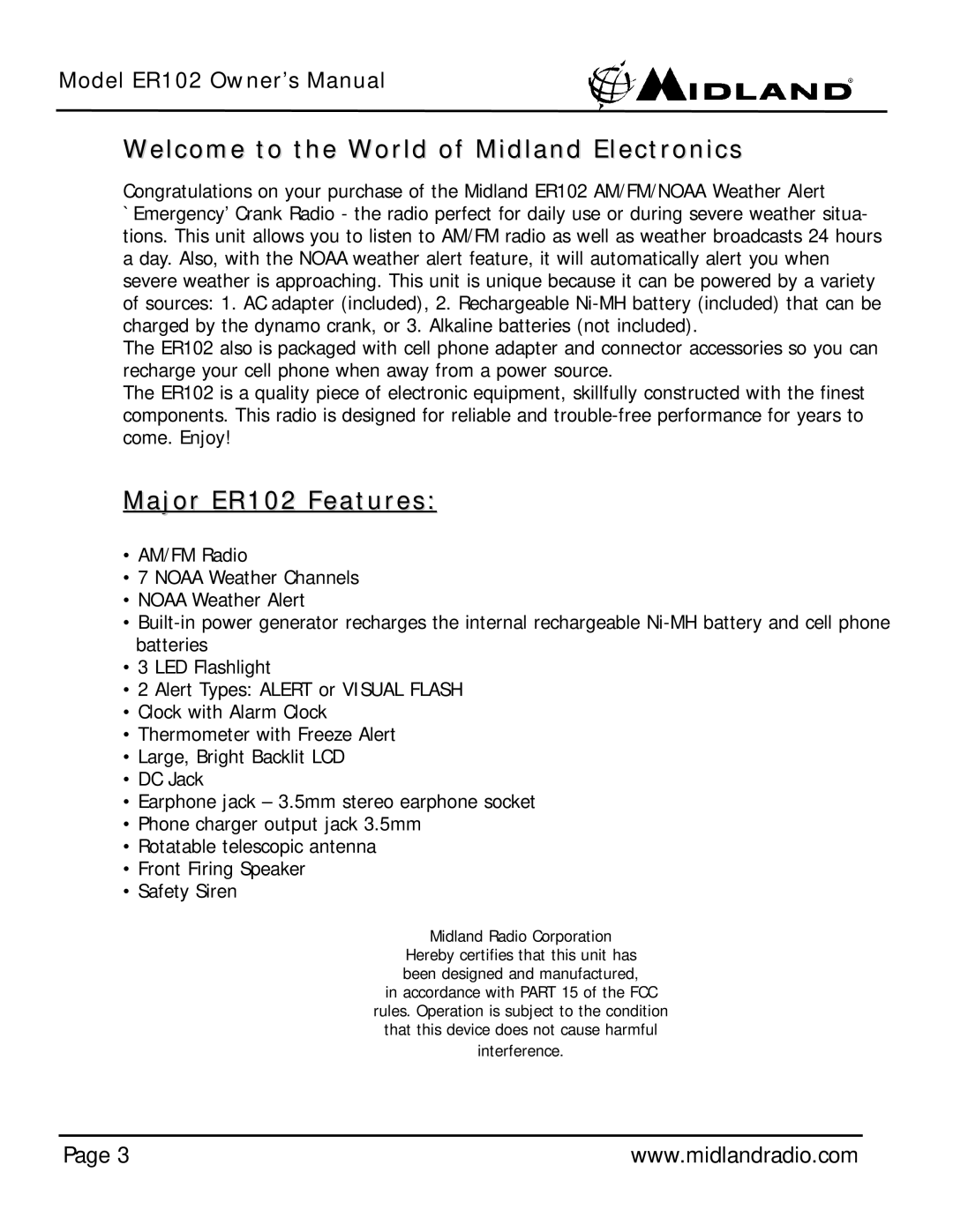 Midland Radio owner manual Welcome to the World of Midland Electronics, Major ER102 Features 