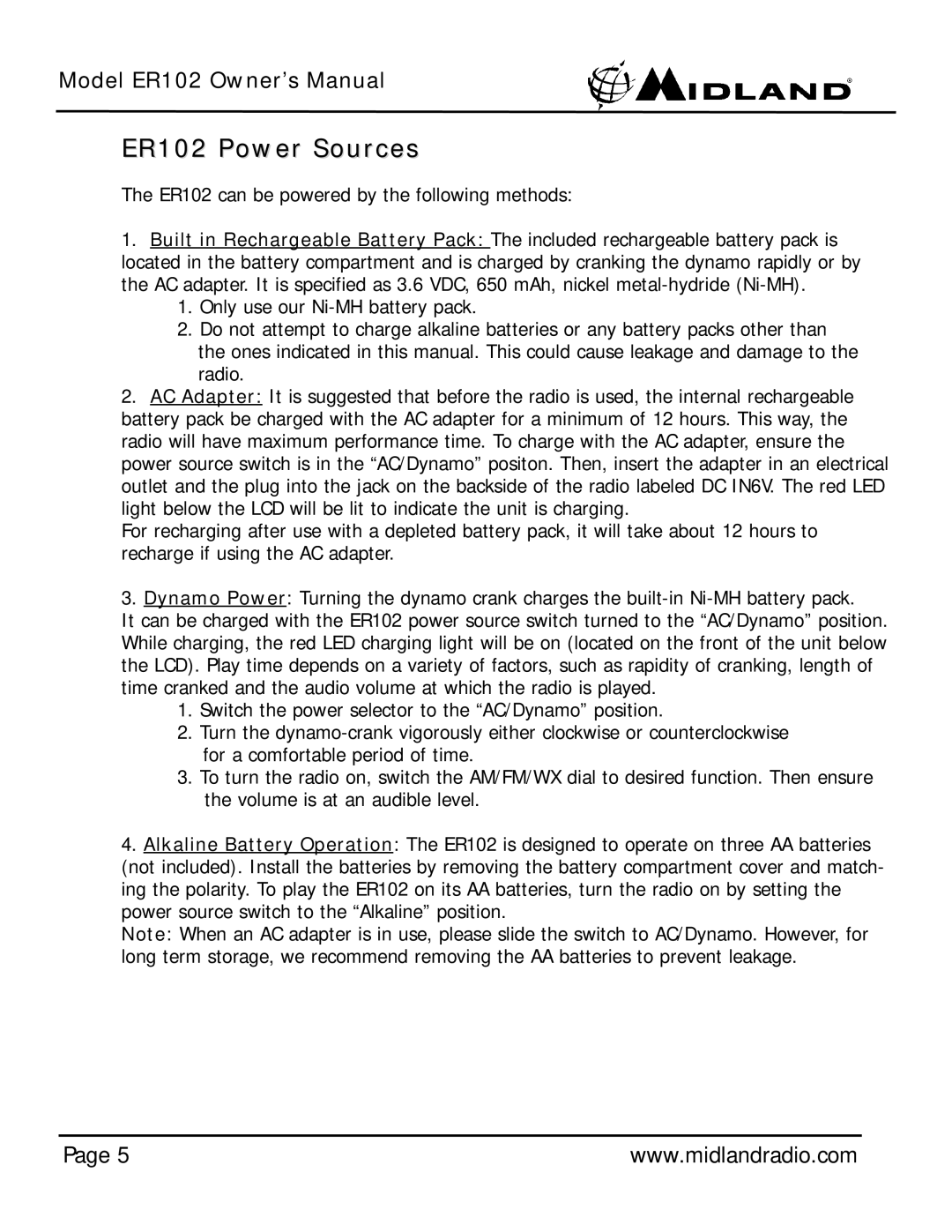 Midland Radio owner manual ER102 Power Sources 