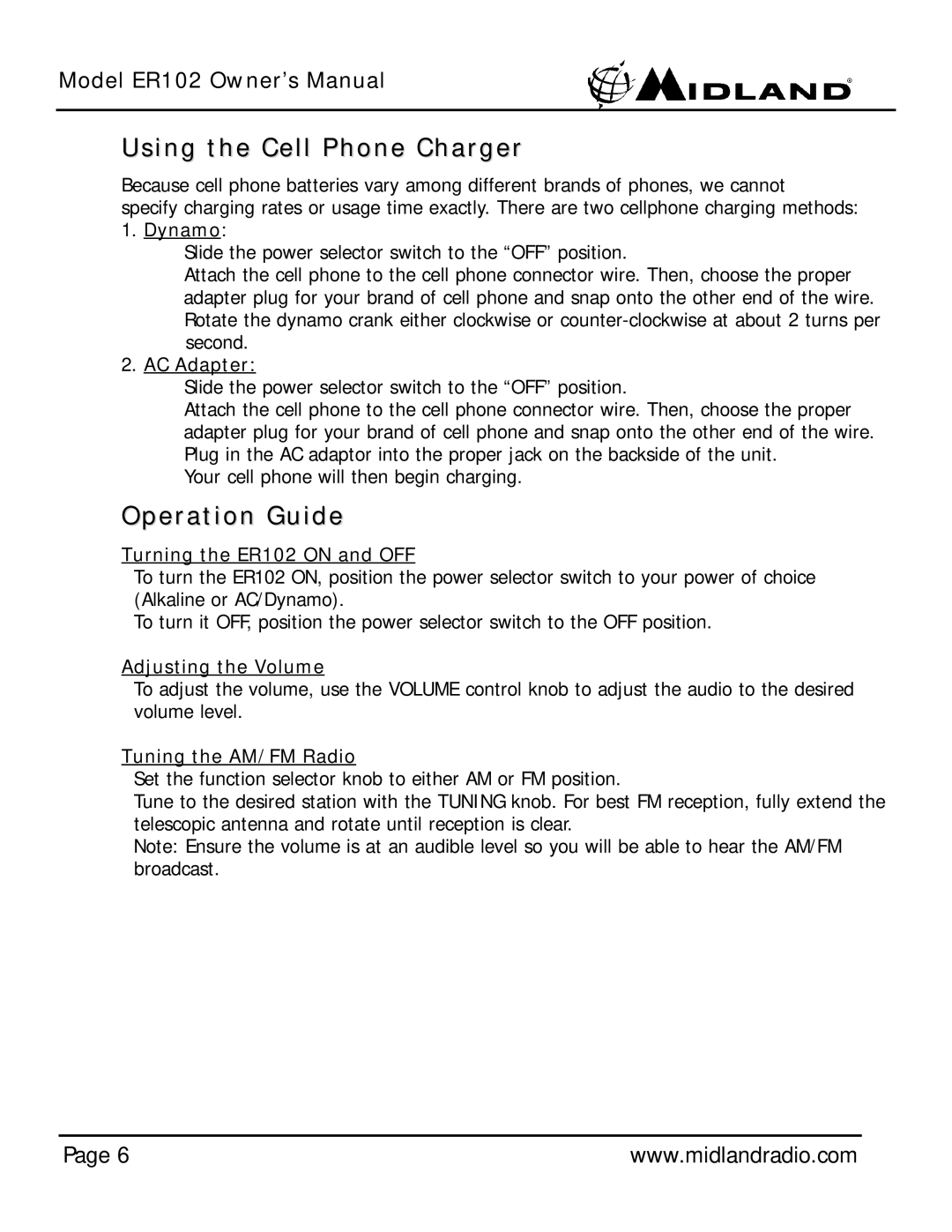 Midland Radio ER102 owner manual Using the Cell Phone Charger, Operation Guide 