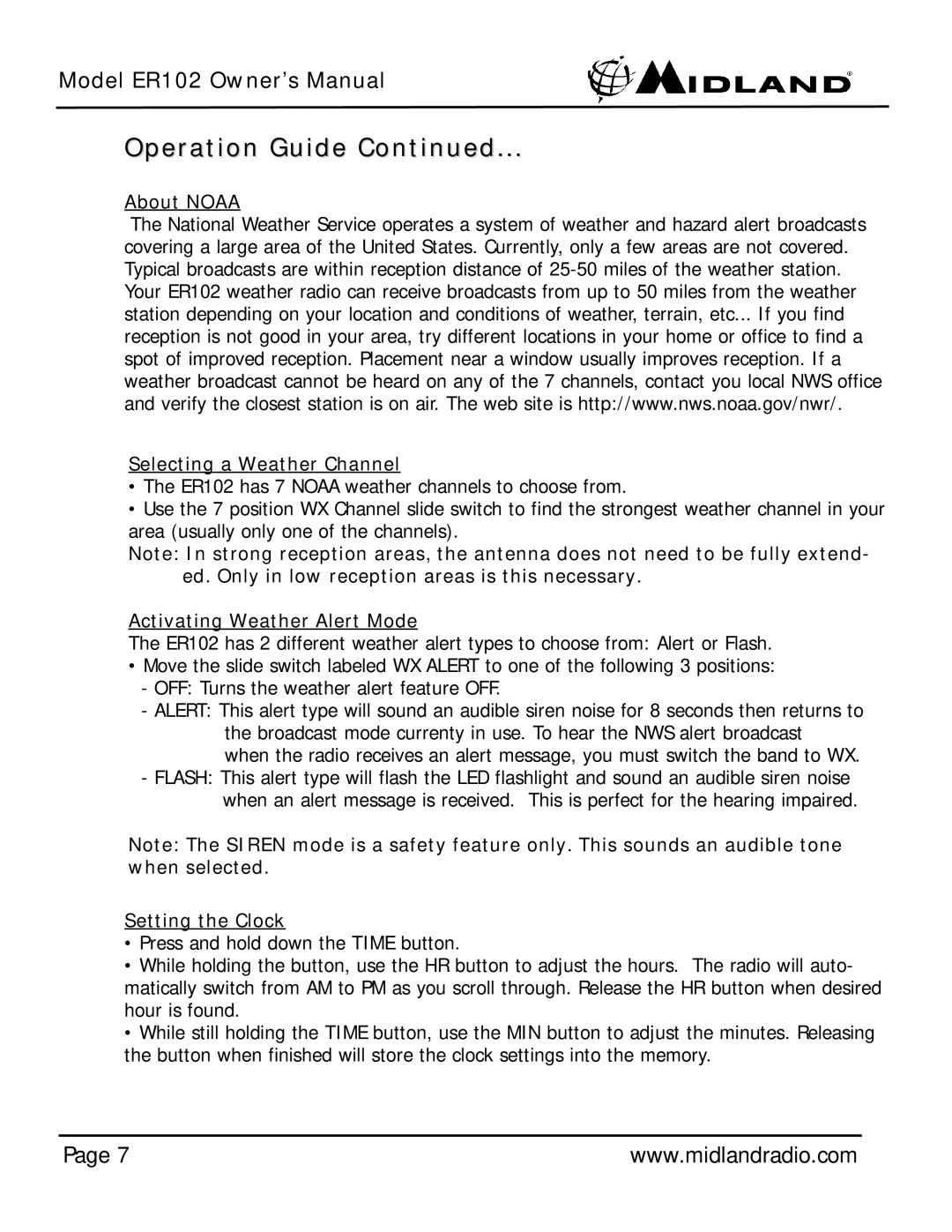 Midland Radio ER102 owner manual About Noaa Selecting a Weather Channel, Activating Weather Alert Mode, Setting the Clock 