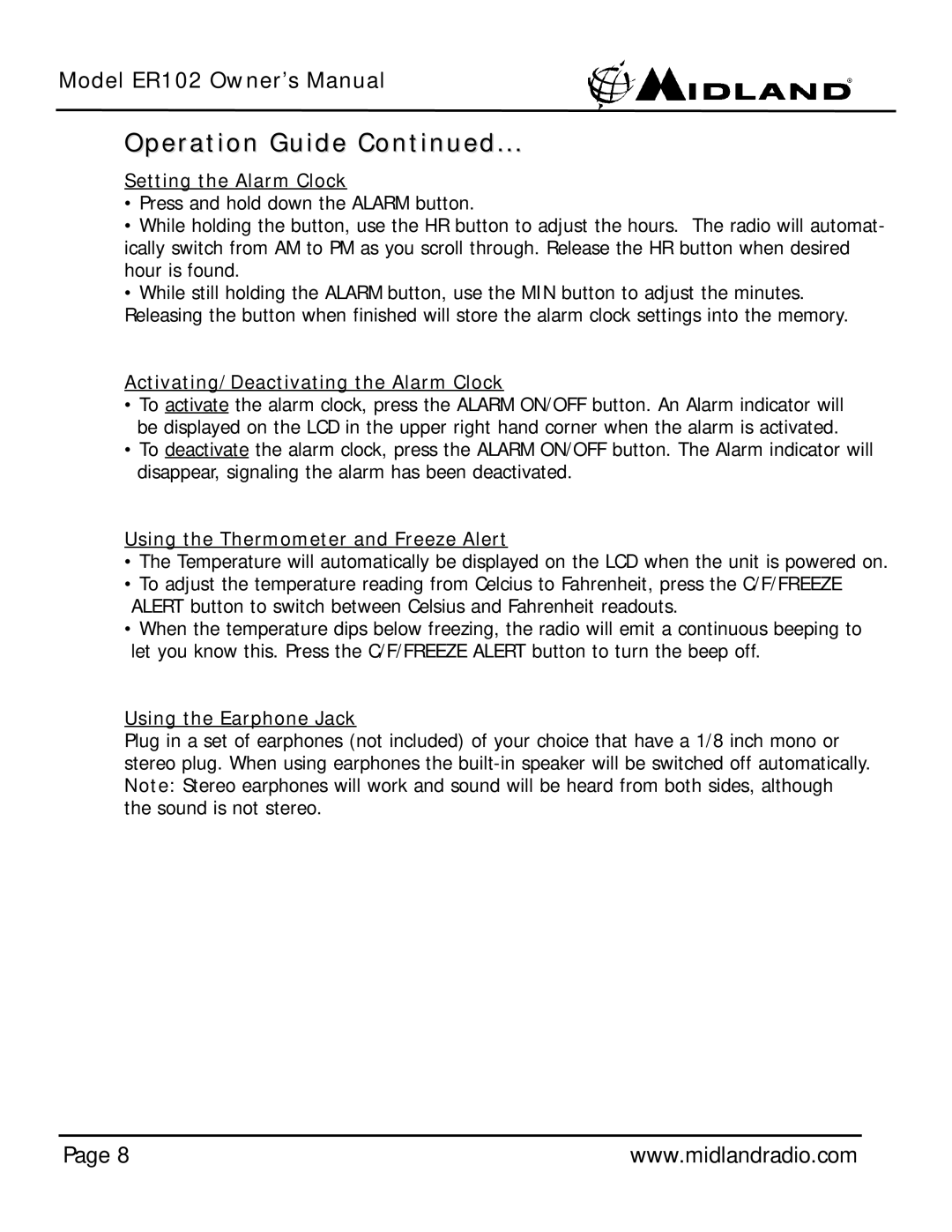 Midland Radio ER102 owner manual Setting the Alarm Clock, Activating/Deactivating the Alarm Clock, Using the Earphone Jack 
