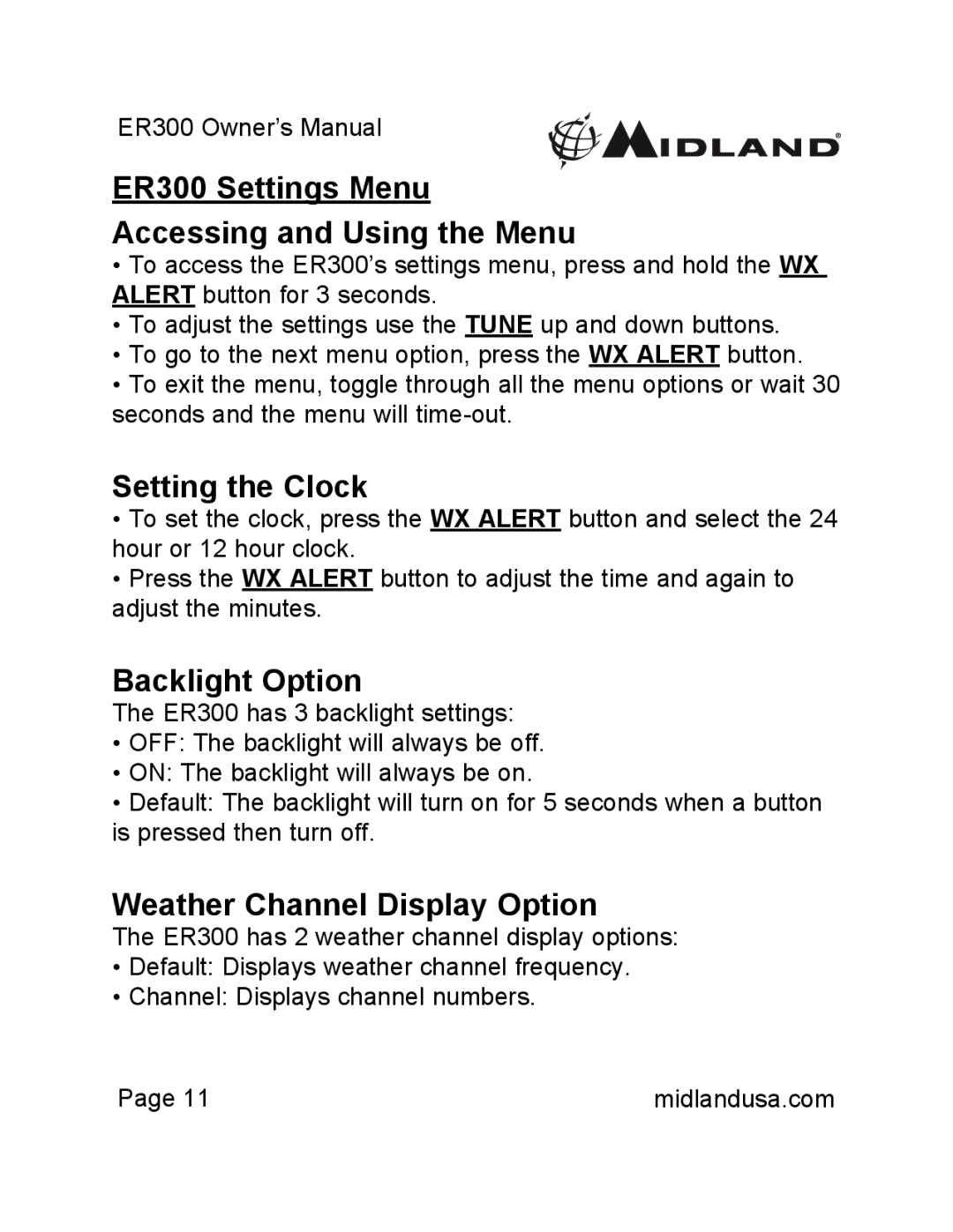 Midland Radio owner manual ER300 Settings Menu Accessing and Using the Menu, Setting the Clock, Backlight Option 