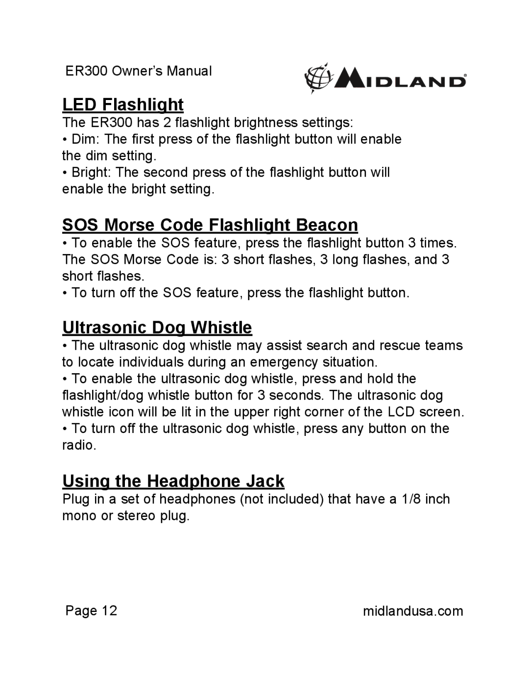 Midland Radio ER300 LED Flashlight, SOS Morse Code Flashlight Beacon, Ultrasonic Dog Whistle, Using the Headphone Jack 