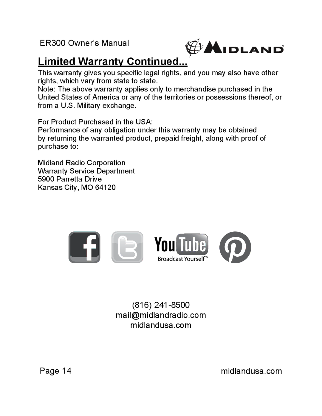 Midland Radio ER300 owner manual Limited Warranty 