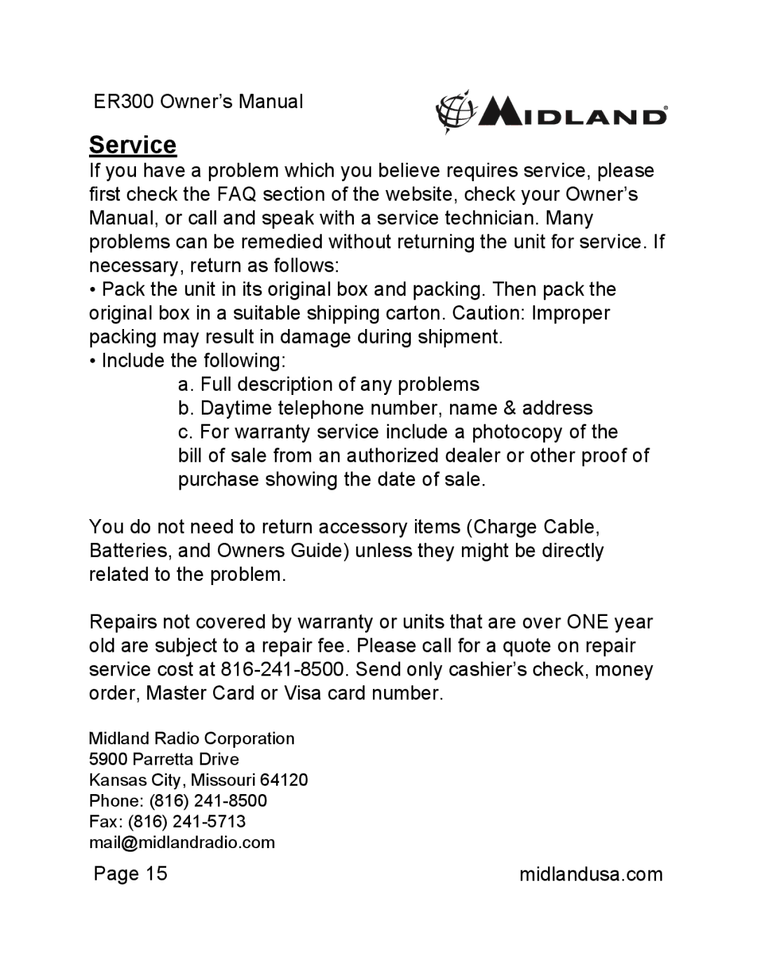 Midland Radio ER300 owner manual Service 