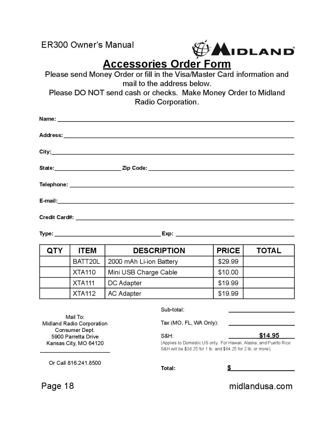 Midland Radio ER300 owner manual Accessories Order Form, QTY Description Price Total 