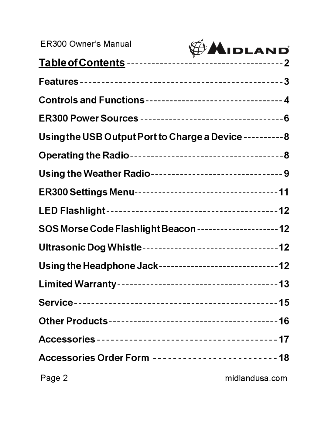 Midland Radio ER300 owner manual TableofContents 