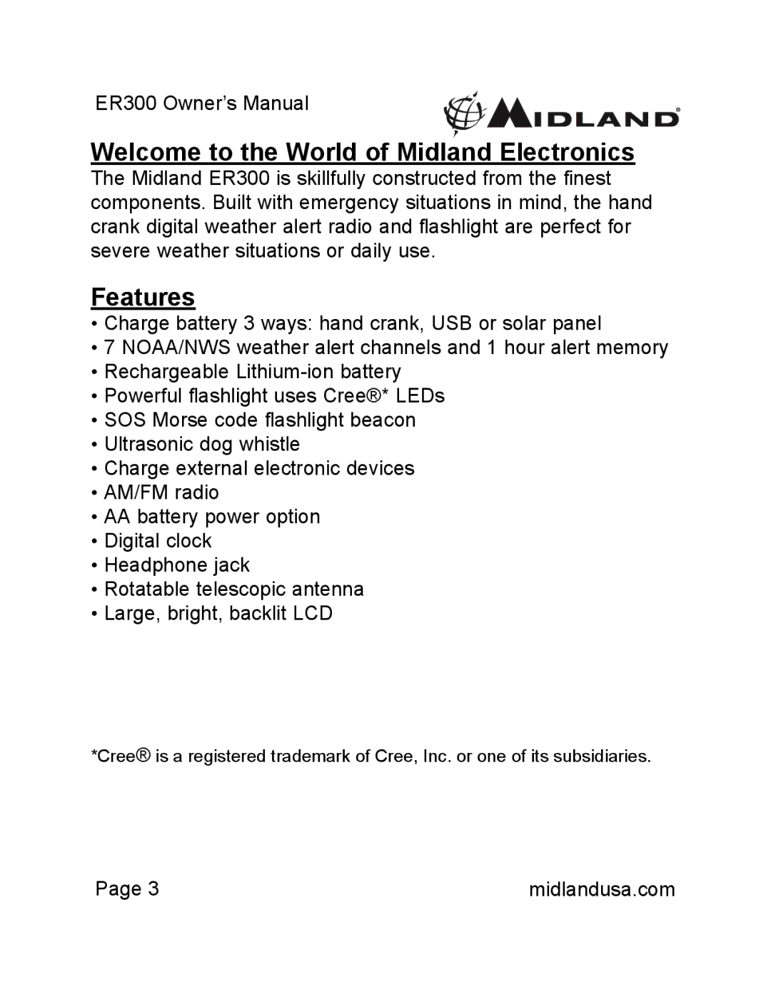 Midland Radio ER300 owner manual Welcome to the World of Midland Electronics, Features 