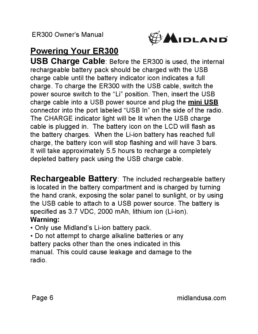 Midland Radio owner manual Powering Your ER300 