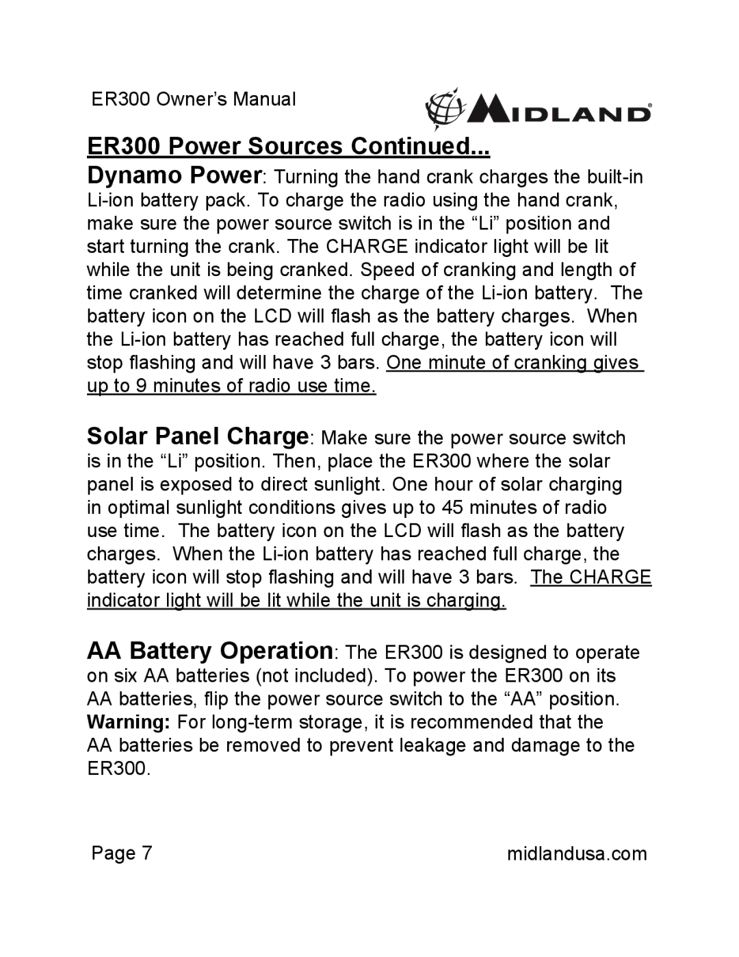 Midland Radio owner manual ER300 Power Sources 