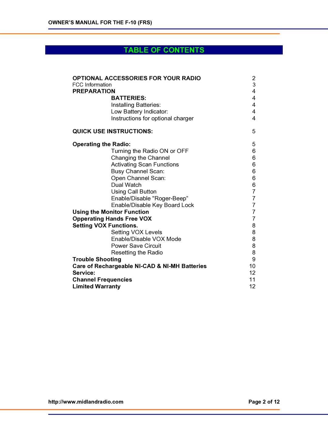 Midland Radio F-10 owner manual Table of Contents 