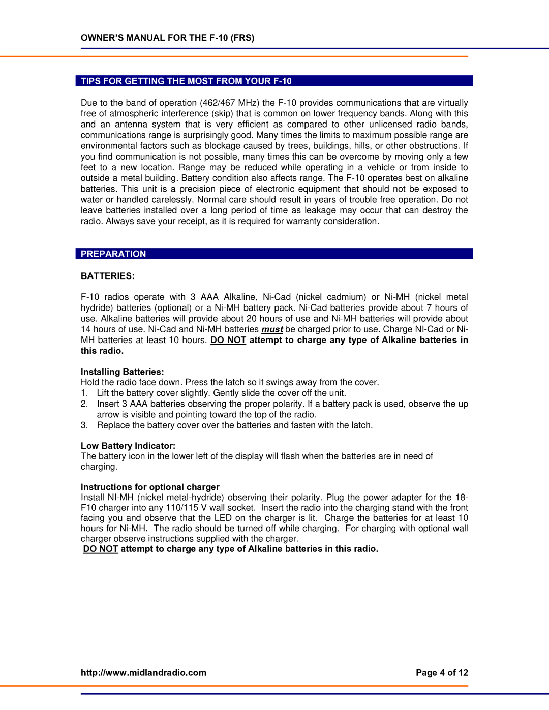 Midland Radio F-10 owner manual Installing Batteries, Low Battery Indicator, Instructions for optional charger 