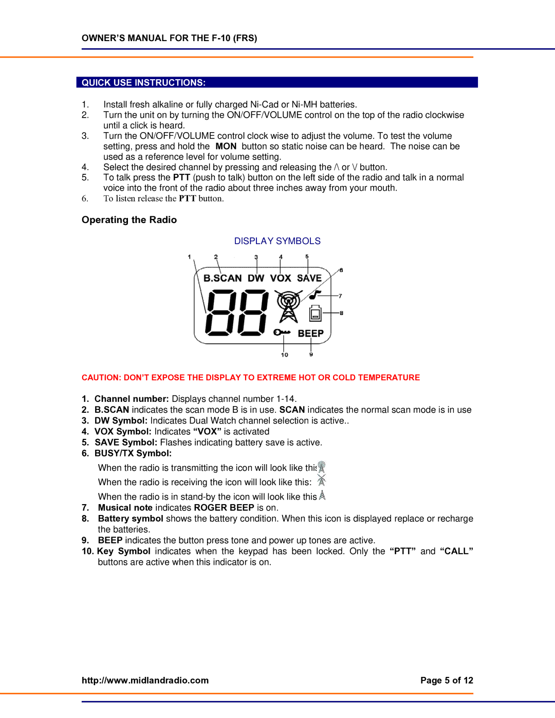 Midland Radio F-10 owner manual BUSY/TX Symbol, Musical note indicates Roger Beep is on 