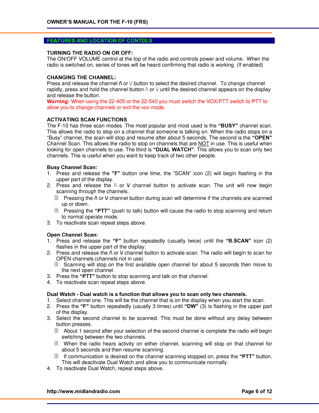 Midland Radio F-10 Turning the Radio on or OFF, Changing the Channel, Activating Scan Functions, Busy Channel Scan 