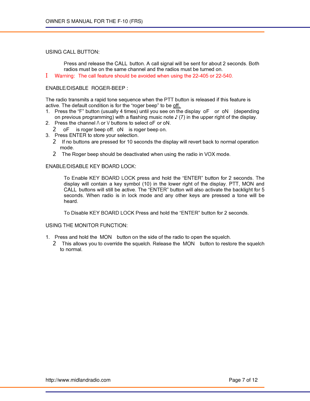 Midland Radio F-10 Using Call Button, Enable/Disable Roger-Beep, ENABLE/DISABLE KEY Board Lock, Using the Monitor Function 