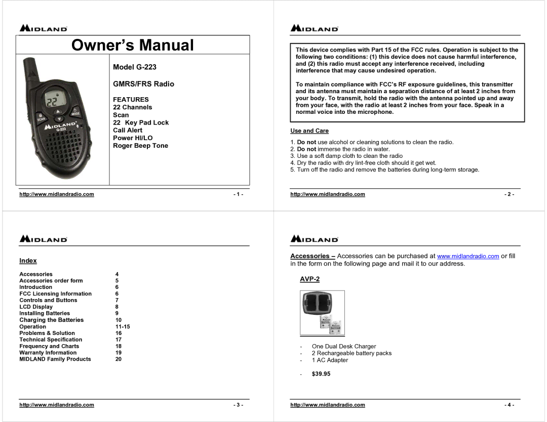 Midland Radio G-223 owner manual Features 