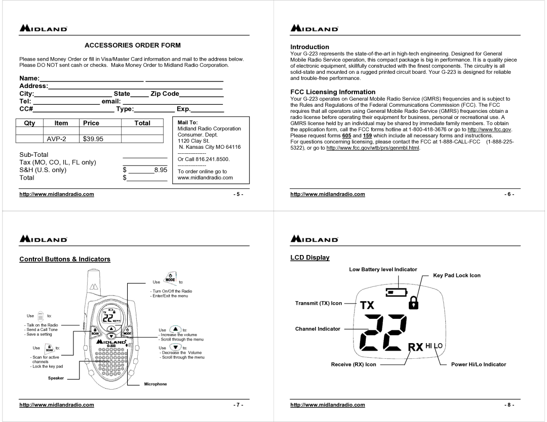 Midland Radio G-223 owner manual Accessories Order Form 