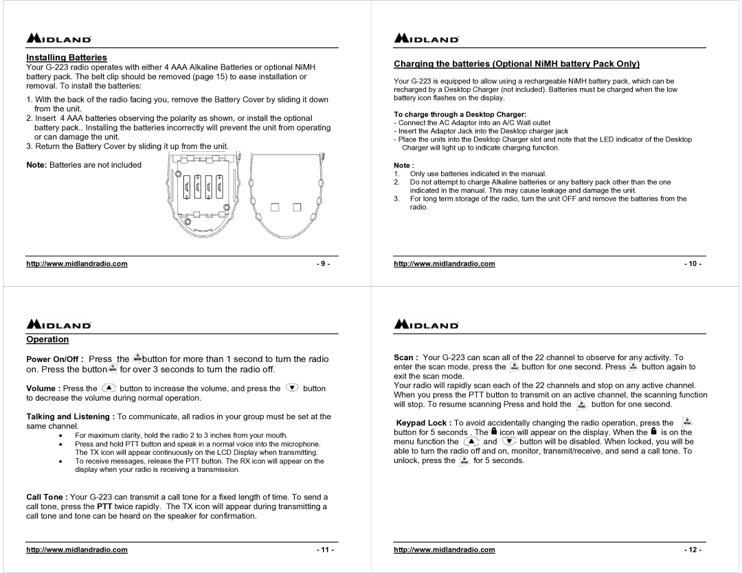 Midland Radio G-223 owner manual Operation, Power On/Off Press, Volume Press 