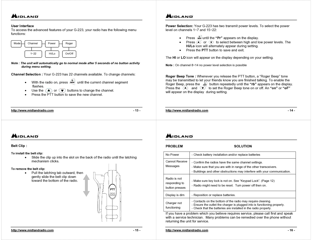 Midland Radio G-223 owner manual User Interface, Belt Clip 