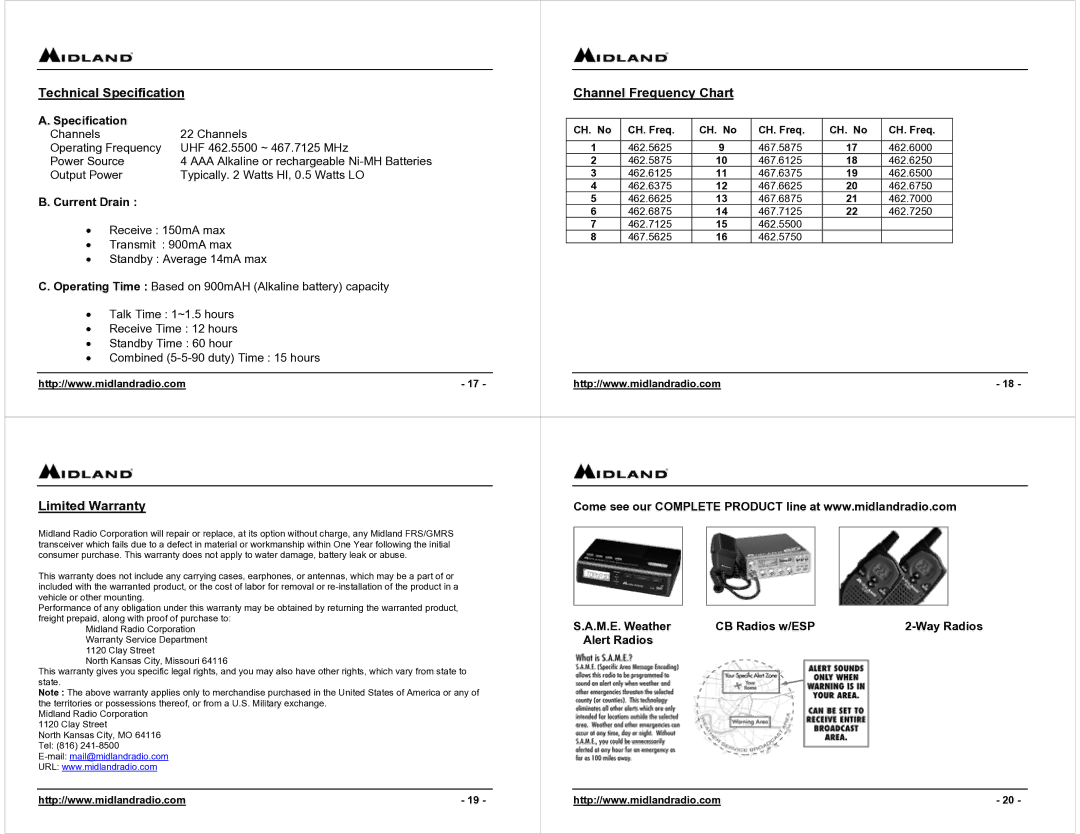 Midland Radio G-223 owner manual Technical Specification Channel Frequency Chart, Limited Warranty 