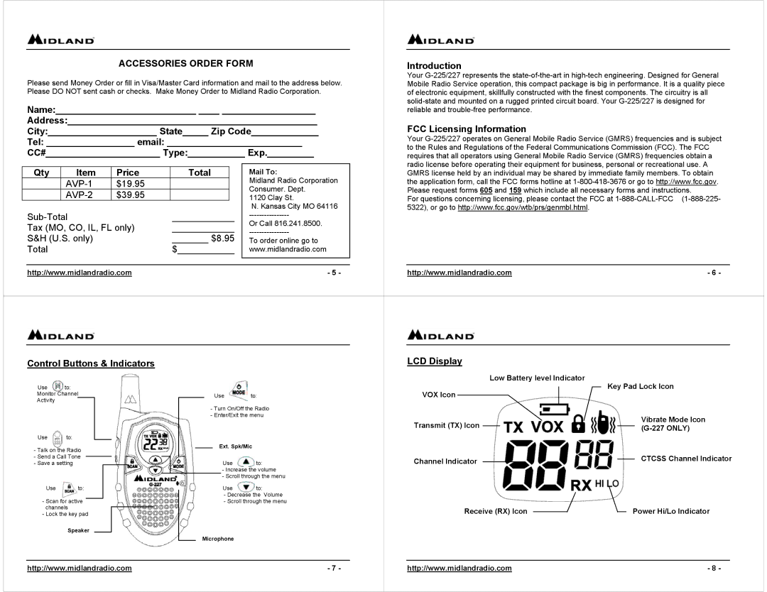 Midland Radio G-227, G-225 owner manual Accessories Order Form 