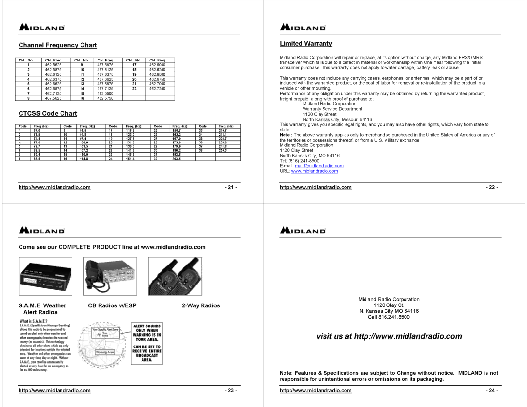 Midland Radio G-227 Limited Warranty, Ctcss Code Chart, Channel Frequency Chart, M.E. Weather CB Radios w/ESP Way Radios 