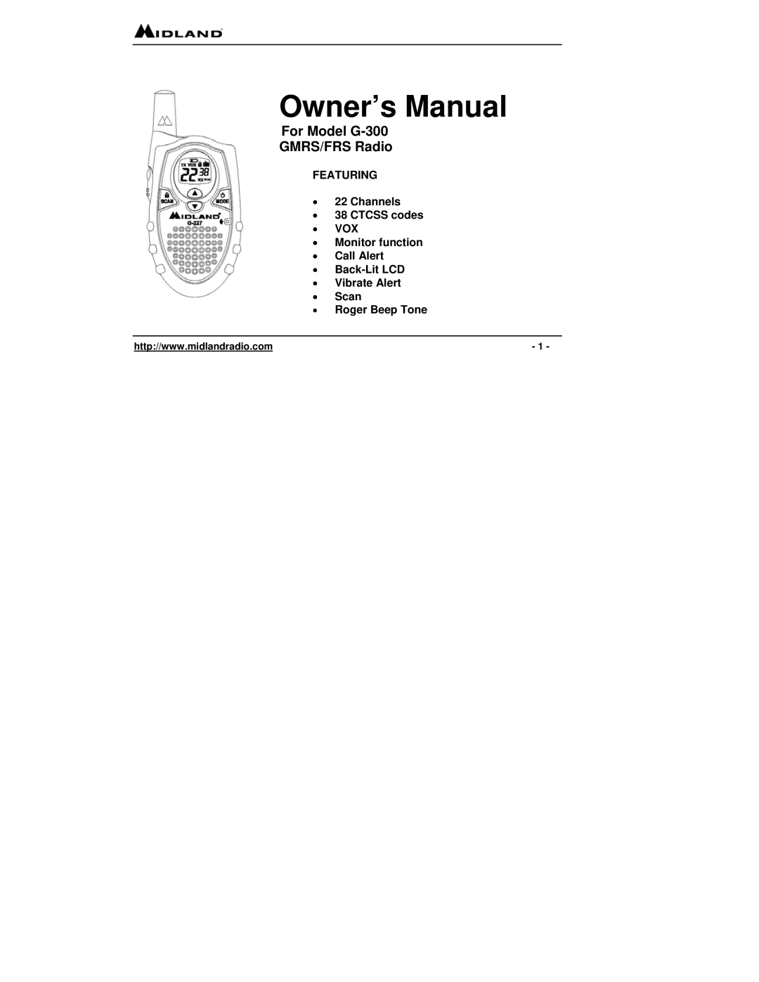 Midland Radio owner manual For Model G-300 GMRS/FRS Radio 