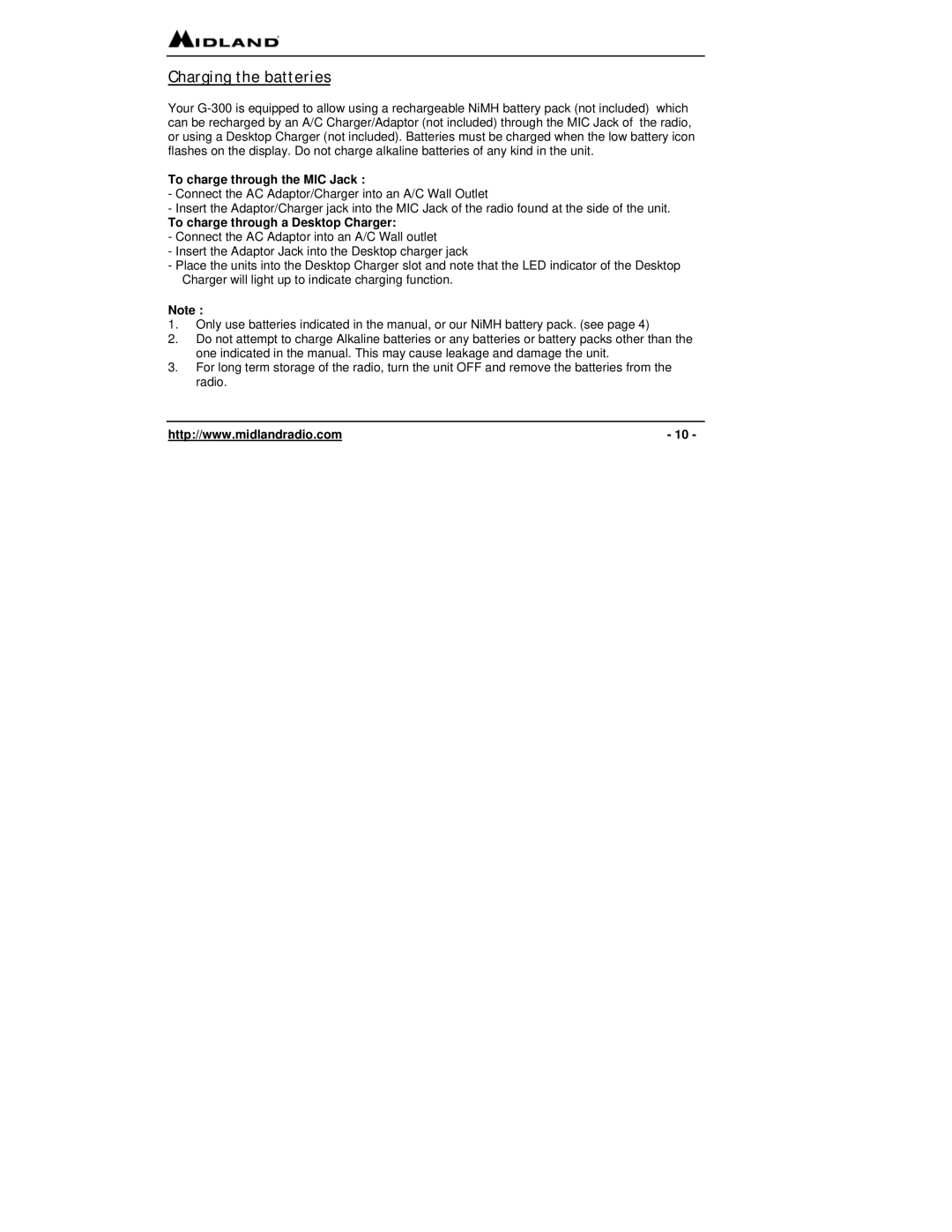 Midland Radio G-300 owner manual Charging the batteries, To charge through the MIC Jack 