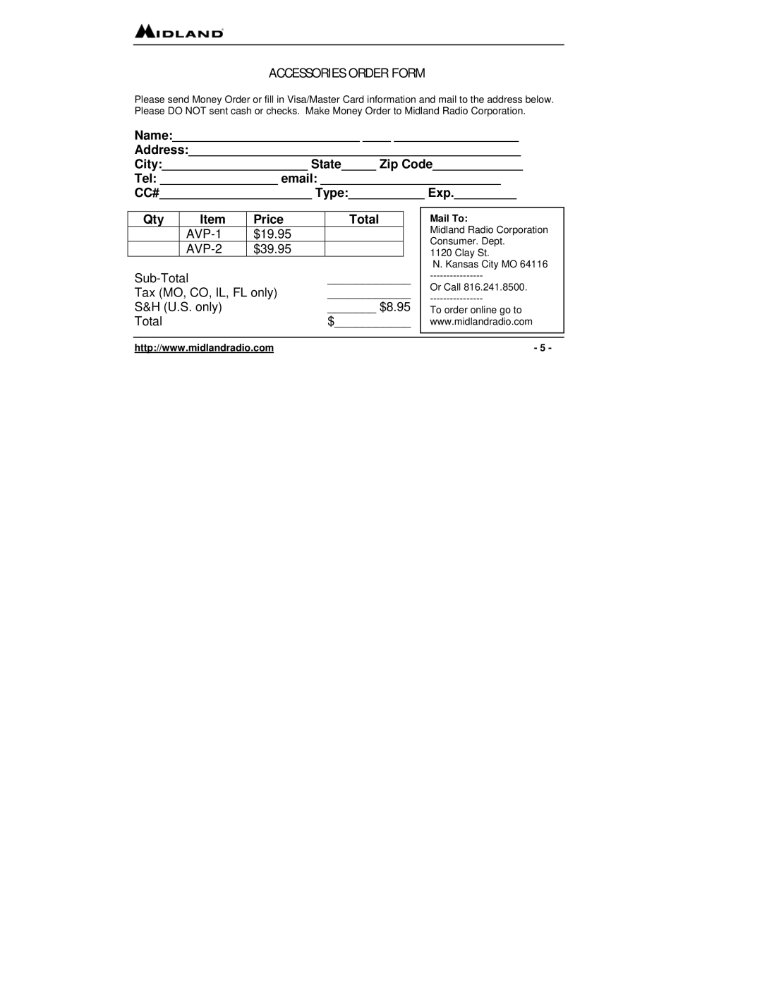 Midland Radio G-300 owner manual Accessories Order Form 