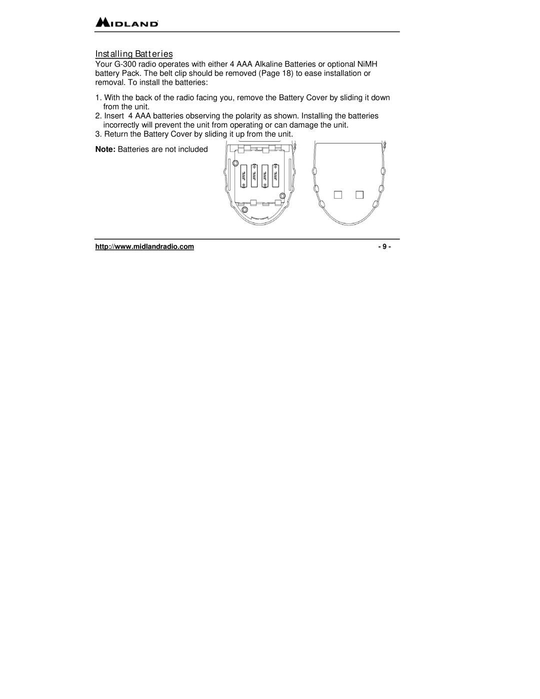 Midland Radio G-300 owner manual Installing Batteries 