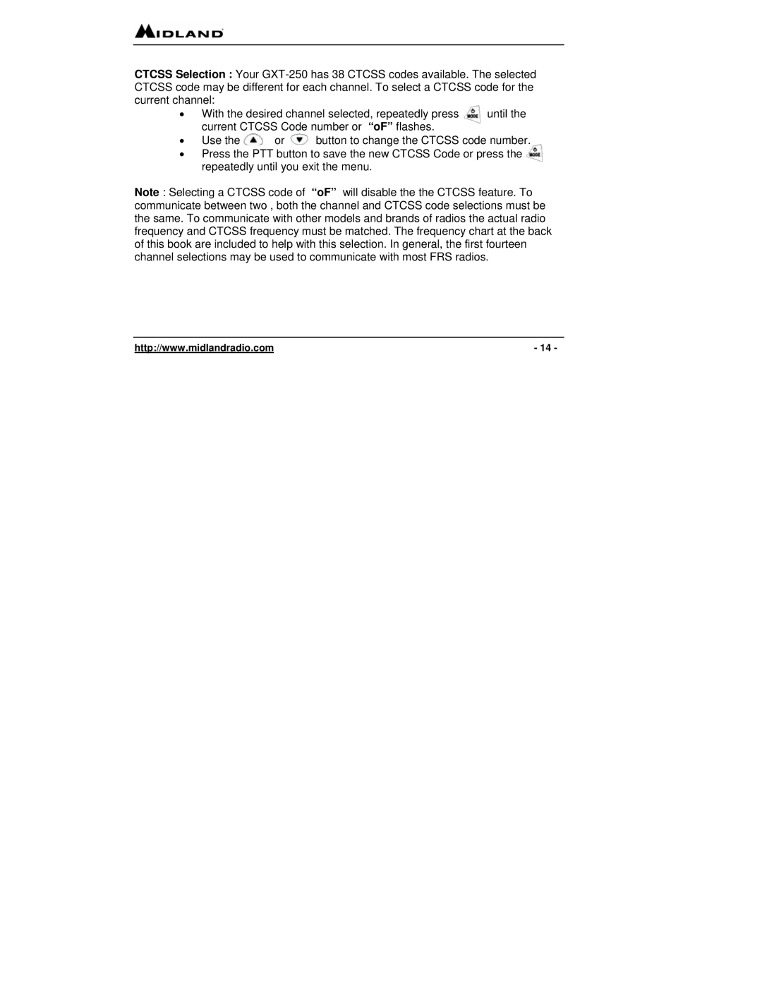 Midland Radio GMRS, FRS owner manual Button to change the Ctcss code number 