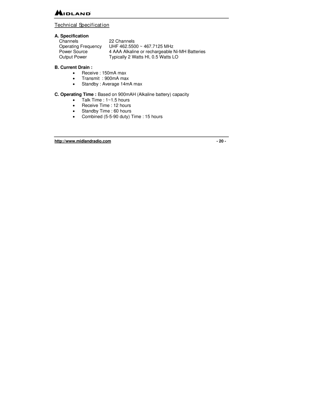 Midland Radio GMRS, FRS owner manual Technical Specification 