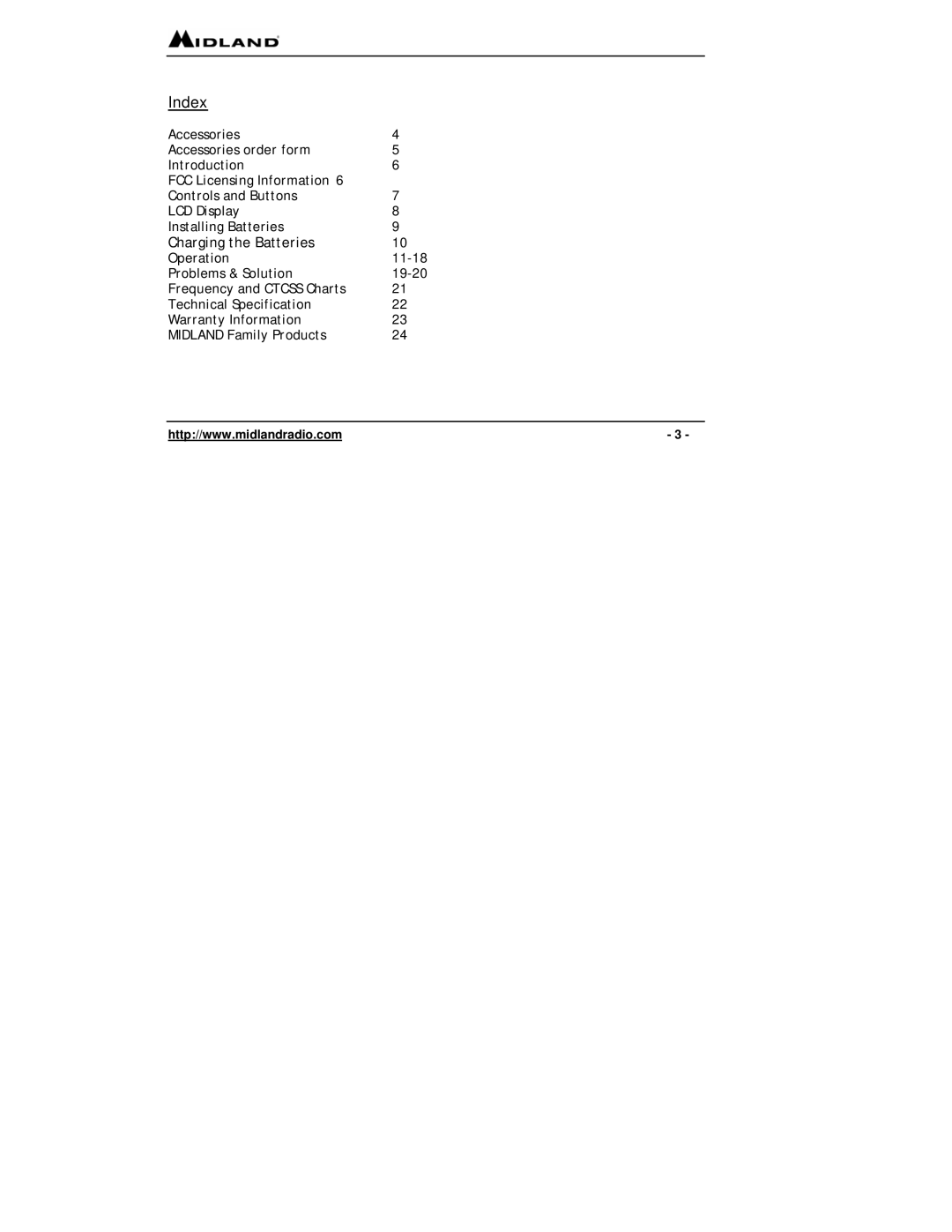 Midland Radio FRS, GMRS owner manual Index, Charging the Batteries 