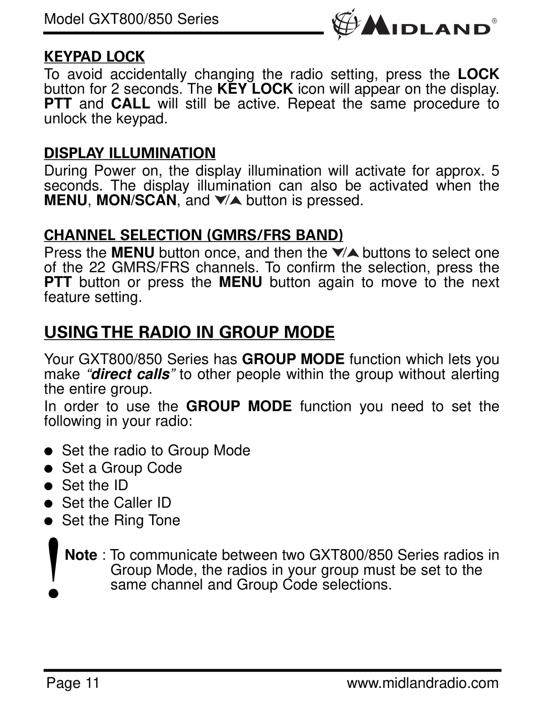 Midland Radio GXT 850 owner manual Keypad Lock, Display Illumination, Channel Selection GMRS/FRS Band 