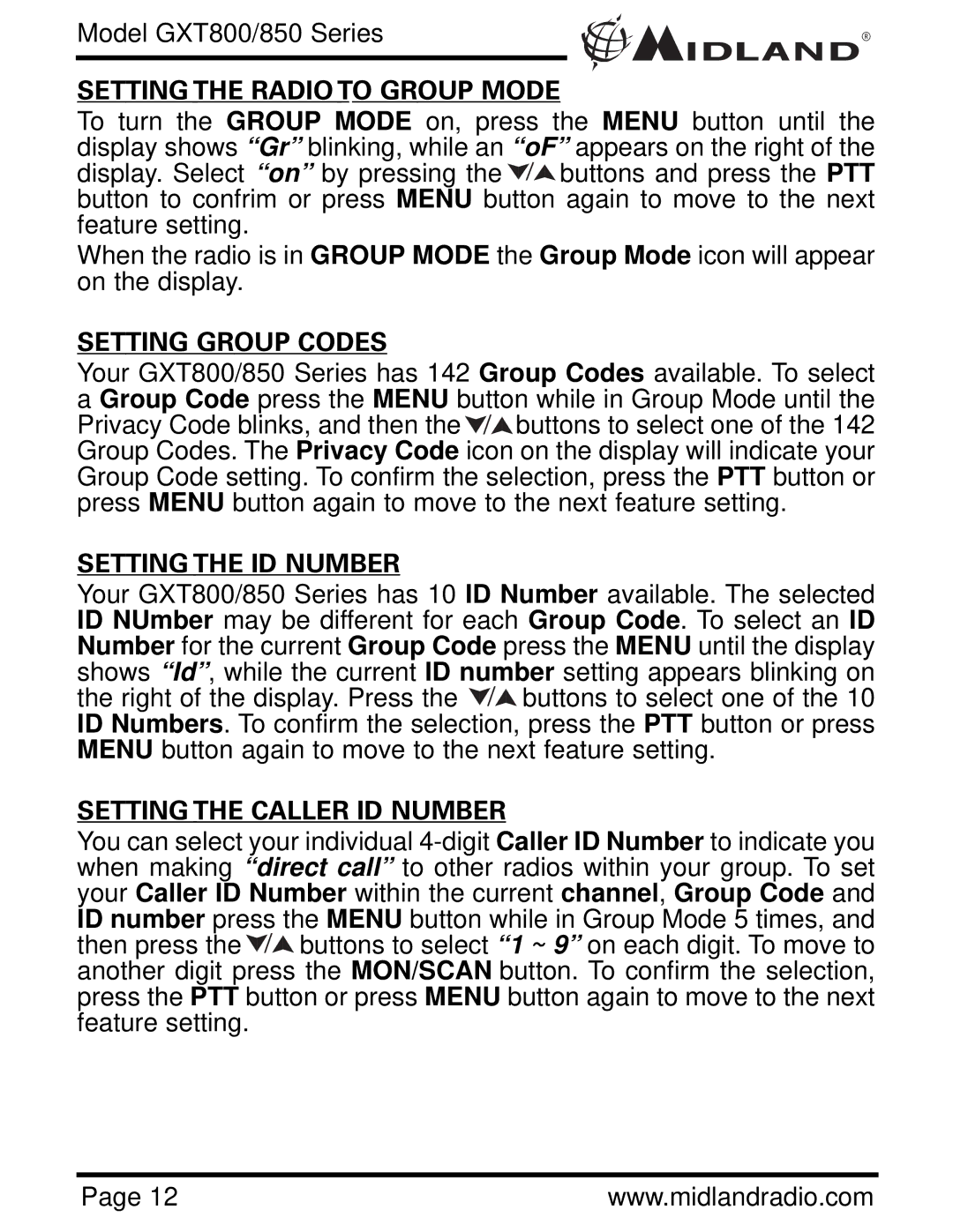 Midland Radio GXT 850 owner manual Setting the Radio to Group Mode, Setting Group Codes, Setting the ID Number 